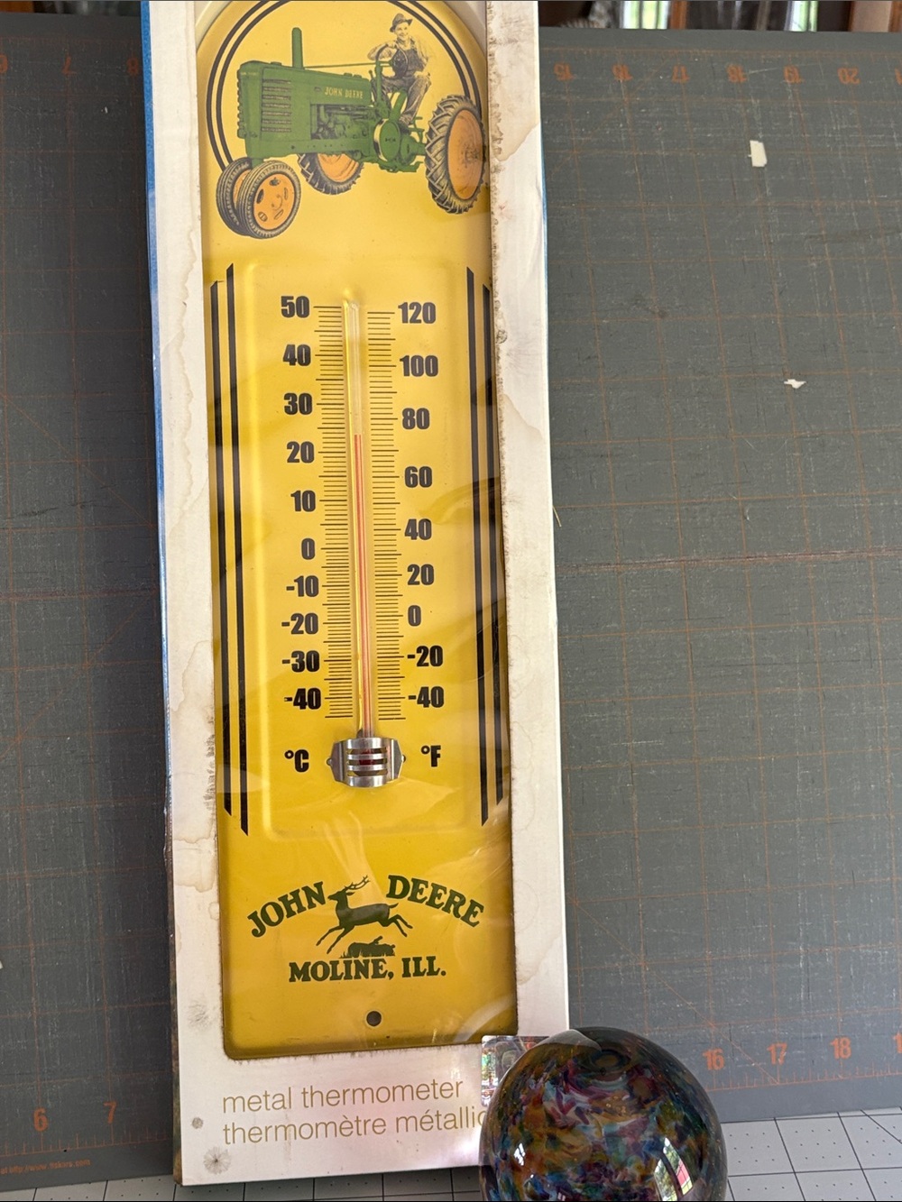 John Deere Yellow and Green Metal Thermometer with Tractor Graphic